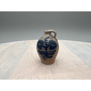 Rowe Pottery Miniature Salt Glazed Stoneware Jug With Blue Floral Design 2"
